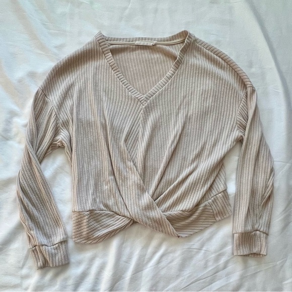 Beige Lush Ribbed Wrap Sweater - Picture 1 of 4